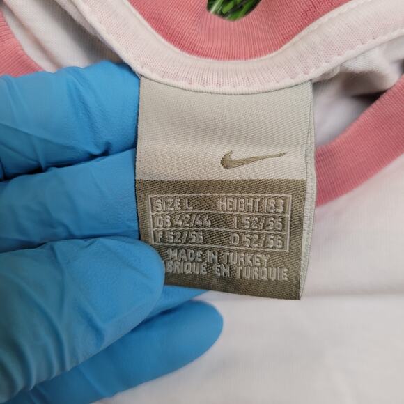 VTG Y2K Nike Silver Tag T-Shirt Mens L Cropped Boxy Spellout White Pink - Picture 12 of 12